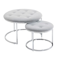 Homcom Nesting Coffee Table Set Of 2, Round End Tables With Velvet-Feel Button Tufted Top For Living Room, Home Office, Grey