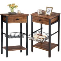 Vecelo Tall End Tables,Industrial Style Nightstands Set Of 2 With Storage Living Room,Bedroom Kitchen,Lounge,Brown, With Metal Basket