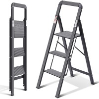 Kingrack Step Ladder, 3 Steps, Folding Step Ladder With Handrail, Non-Slip Household Ladder With Anti-Folding Mechanism, Aluminium Step Stool, Maximum Load 150 Kg, Black