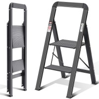 Kingrack Step Ladder, 2 Steps, Folding Step Ladder With Handrail, Non-Slip Household Ladder With Folding Safety, Aluminium Step Stool, Maximum Load 150 Kg, Black