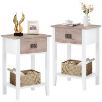 Vecelo Nightstands Set Of 2 End/Side Tables Living Room Bedroom Bedside, Vintage Accent Furniture Small Space, Solid Wood Legs, One Drawer, White & Oak