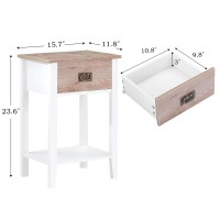 Vecelo Nightstands Set Of 2 End/Side Tables Living Room Bedroom Bedside, Vintage Accent Furniture Small Space, Solid Wood Legs, One Drawer, White & Oak