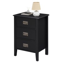 Vecelo Nightstands Endside Tables For Living Room Bedside Storage, Vintage Accent Furniture For Small Space, Solid Wood Legs, Black, Three Drawers