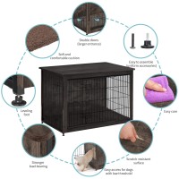 Dwanton Dog Crate Furniture With Cushion, Large Wooden Dog Crate With Double Doors, Dog Furniture, Indoor Dog Kennel, End Table, 38.5 X 25.6 X 26.8 Inches, Dark Grey