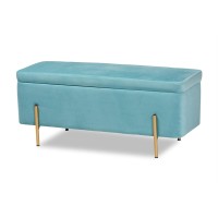 Baxton Studio Rockwell Contemporary Glam And Luxe Sky Blue Velvet Fabric Upholstered And Gold Finished Metal Storage Bench