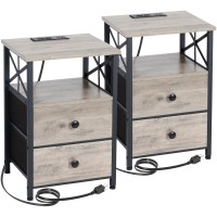 Amhancible Nightstands Set Of 2, Night Stands With Charging Station, End Tables Living Room With Usb Ports And Outlets, Bedside Tables With Drawers For Bedroom, Greige Het05Xgy