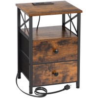 Amhancible End Table Living Room With Charging Station, Side Table With Fabric Drawer, Small Side Table With Usb Ports And Outlets For Small Spaces Rustic Brown And Black Het05Xbr1