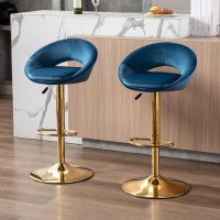 Wahson Set Of 2 Bar Stools Velvet Counter Chairs With Backrest Breakfast Bar Stools For Kitchen Island, Swivel Bar Chairs High Stools Height Adjustable, Blue