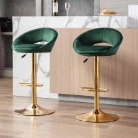 Wahson Set Of 2 Bar Stools Velvet Counter Chairs With Backrest Breakfast Bar Stools For Kitchen Island, Swivel Bar Chairs High Stools Height Adjustable, Green