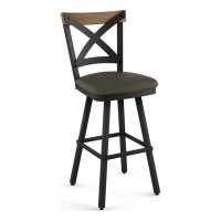 Amisco Snyder 305 Bar Height Swivel Stool - Brownish-Green Grey Faux Leather Brown Wood Black Metal