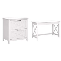 Bush Furniture Key West 2 Drawer Lateral File Cabinet, Pure White Oak & Key West 48W Writing Desk, Pure White Oak
