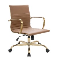 Leisuremod Harris Modern Adjustable Swivel Leather Task Office Chair With Gold Frame, Light Brown