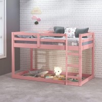 Twin Loft Bed In Pink Finish, Solid Wood Low Loft Bed Frame With Full-Length Guardrail For Kids, No Box Spring Needed