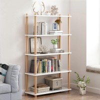 Iotxy 5-Tier Wooden Shelf Bookcase - Modern Open Bookshelf, Free Standing Storage Rack, Multifunctional Display Stand For Home And Office, White, Rectangle