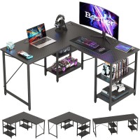Bestier L Shaped Desk With Shelves 86 Inch Reversible Corner Computer Desk Or 2 Person Long Table For Home Office Large Gaming Writing Storage Workstation P2 Board With 3 Cable Holes, Carbon Fiber
