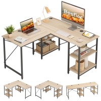 Bestier L Shaped Desk With Shelves 86.6 Inch Reversible Corner Computer Desk Or 2 Person Long Table For Home Office Large Gaming Writing Storage Workstation P2 Board With 3 Cable Holes, Oak