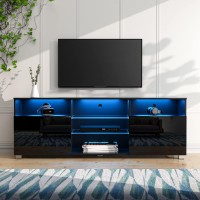 Led Tv Stand For 65 Inch Tvs, Modern Tv Stand With Led Lights And High Glossy Cabinets, Game Console Entertainment Center With Storage Shelves And Media Layers For Living Room Bedroom (Black, 57Inch)A