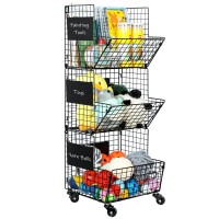 3 Tier Rolling Wire Toy Organizer Basket - With Wheel, S-Hooks, Adjustable Chalkboards - Toy Storage Cart Wall Bookshelf For Kids Room, Playroom, Bedroom