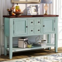 Vintage Console Table, Solid Wood Buffet Sideboard Table With 4 Drawers2 Cabinetbottom Shelf, Entryway Sofa Table For Living Roombedroomkitchen (Retro Blue-V)