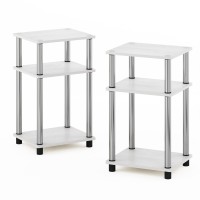 Furinno Simplistic End Side Night Standbedside Table With Stainless Steel Tubes, 2-Pack, 2-Tier Poles, White Oakchrome