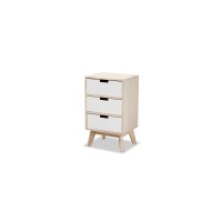 Baxton Studio Halian Mid-Century Modern Two-Tone White And Light Brown Finished Wood 3-Drawer Nightstand
