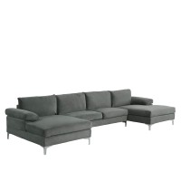 Casa Andrea Milano Modern Large Velvet Fabric U-Shape Sectional Sofa, Double Extra Wide Chaise Lounge Couch, Neutral Grey