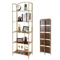 Crofy No Assembly Folding Bookshelf, 5 Tier Gold Bookshelf, Metal Book Shelf For Storage, Folding Bookcase For Office Organization And Storage, 12.87 D X 22.91 W X 68.1 H
