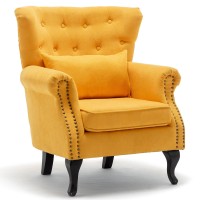 Modern Upholstered Tufted Linen Fabric Accent Armchair,Club Chair,Lounge Chair, Reading Chair With Rivet Roll Arm And Comfortable High Back For Living Room/Bedroom/Home/Office (Yellow+Linen)