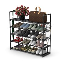 Hsscblet 5 Tiers Metal Shoe Rack,Adjustable Shoe Shelf Storage Organizer With Versatile Hooks,Stackable Boot & Shoe Storage,For Entryway,Hallway,Living Room,Closet,Black