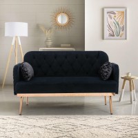 Yoglad Velvet Small Sofa, Upholstered Loveseat With Golden Metal Legs, Accent Couch With Cute Pillows, Small Couch With Solid Wood Frame, For Living Room, Bed Room, Dorm, 55 Inch (Black)