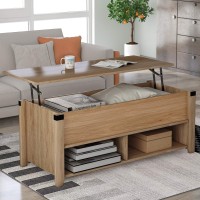 Modern Lift Top Coffee Table With Hidden Storage Compartment And Open Shelves,Sofa Side End Tables,Pop Up Coffee Table For Living Room/Office (Oak+Mdf)