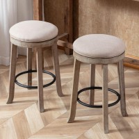Lukealon Farmhouse Linen Fabric Round Bar Stools Set Of 2, 360A Swivel 256A Counter Height Stools With Solid Wood Legs Backless Low Barstools With Footrest For Home Bar Kitchen Island, Beige
