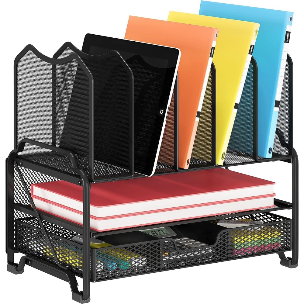 Simple Trending-File Organizer For Mesh Desk, Office Supplies Desktop Storage With Sliding Drawer, Double Tray And 5 Upright Section Sorter Organizer, Black