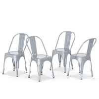 Nazhura Metal Dining Chair Farmhouse Tolix Style For Kitchen Dining Room Caf? Restaurant Bistro Patio, 18 Inch, Stackable, Waterproof Indoor/Outdoor (Sets Of 4) (Steel Seat, Silver)