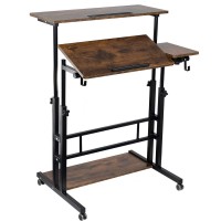 Siducal Mobile Standing Desk, Height Adjustable Stand Up Desk With Wheels Storage Computer Desk Home Office Workstation, Portable Rolling Desk Laptop Cart For Standing Or Sitting, Rustic Brown