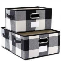 Prandom Fodable Storage Bins For Closet [3-Pack] Decorative Fabric Storage Baskets Cubes With Leather/Metal Handles For Shelves Bedroom Living Room Black And White Grid (11.5X8.5X6.7 Inch)