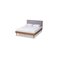 Baxton Studio Larue Grey Velvet And Brown Finished Wood King Size Platform Bed