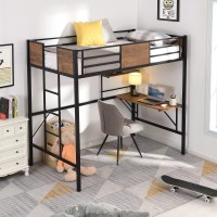 Metal Loft Bed With Desk And Storage Shelves, Twin Size Bed Frame With Ladder And Guardrails, Space Saving Loft Bed For Dorm/Home/Bedroom/Boys/Girls (Black+Brown*)