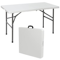 Super Deal Portable 4 Foot Plastic Folding Table, Indoor Outdoor Heavy Duty Fold-In-Half Picnic Party Camping Barbecues Table With Carrying Handle, White