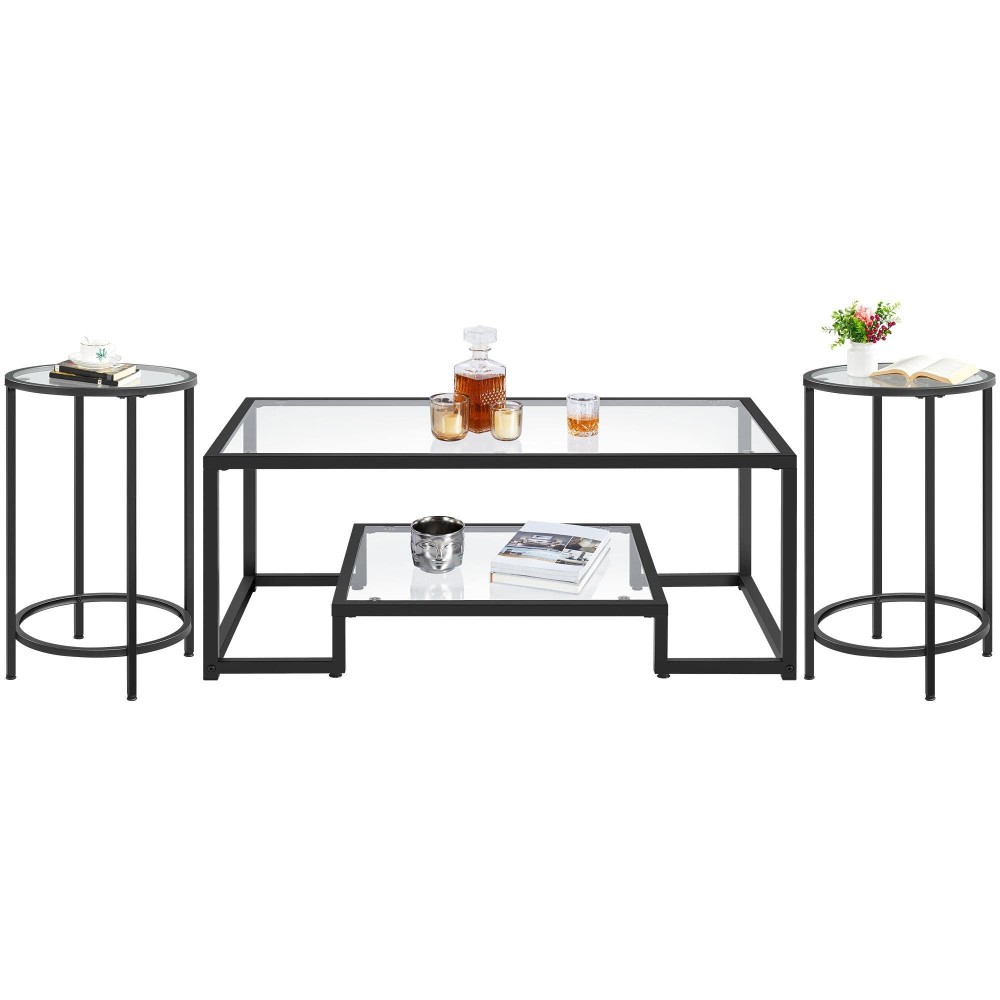 Yaheetech 3-Piece Tempered Glass Coffee Table & Side Tables Set - Modern Living Room Table Sets Of 3 W/Metal Frame For Office, Porch, Small Space