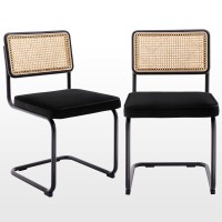 Zesthouse Rattan Dining Chairs Set Of 2, Velvet Accent Chairs With Natural Cane Back & Stainless Chrome Base, Modern Mid Century Breuer Designed Chairs, Upholstered Dining Room Kitchen Chairs, Black