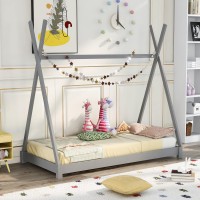 Merax Twin Size Wooden House Platform Bed With Triangle Structure, Children House Bunk Bed Can Be Decorated (Grey)
