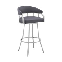 Armen Living Valerie 26 Swivel Slate Grey Faux Leather And Silver Metal Bar Stool