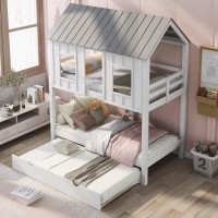 Solid Wood House Shaped Bunk Bed With Trundle, Twin Size Bunk Bed With Roof, Window, Guardrail And Ladder For Kids, Teens, Girl Or Boys, Accommodate Three People, Space-Saving Design