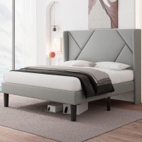 Ipormis Queen Size Modern Wingback Bed Frame, Geometric Upholstered Platform Bed With 24 Headboard, 8 Storage Space, Wood Slats Support, No Box Spring Needed, Light Grey