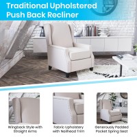 Flash Furniture Prescott Slim Wingback Recliner Chair - Traditional Push Back Recliner - Cream Polyester Fabric With Accent Nail Trim - Pocket Spring Seat