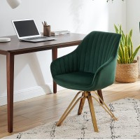 Volans Swivel Accent Chair, Mid Century Modern Desk Chair No Wheels, Upholstered Swivel Office Chair With Hollow Brushed Gold Plated Legs Office Chair For Living Room, Dining Room, Green Black