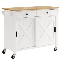 Crosley Furniture Laurel Kitchen Cart With Natural Wood Top, White