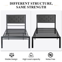Sha Cerlin Twin Size Metal Platform Bed Frame With Fabric Upholstered Button Tufted Headboard, Mattress Foundation With 17 Strong Metal Slats Support, No Box Spring Needed, Easy Assembly, Dark Grey