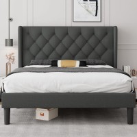 Ipormis Queen Size Wingback Platform Bed Frame With Upholstered Button Tufted Headboard 8 Under-Bed Storage Space, Sturdy Wooden Slats, Noise-Free, No Box Spring Needed, Easy Assembly, Dark Gray